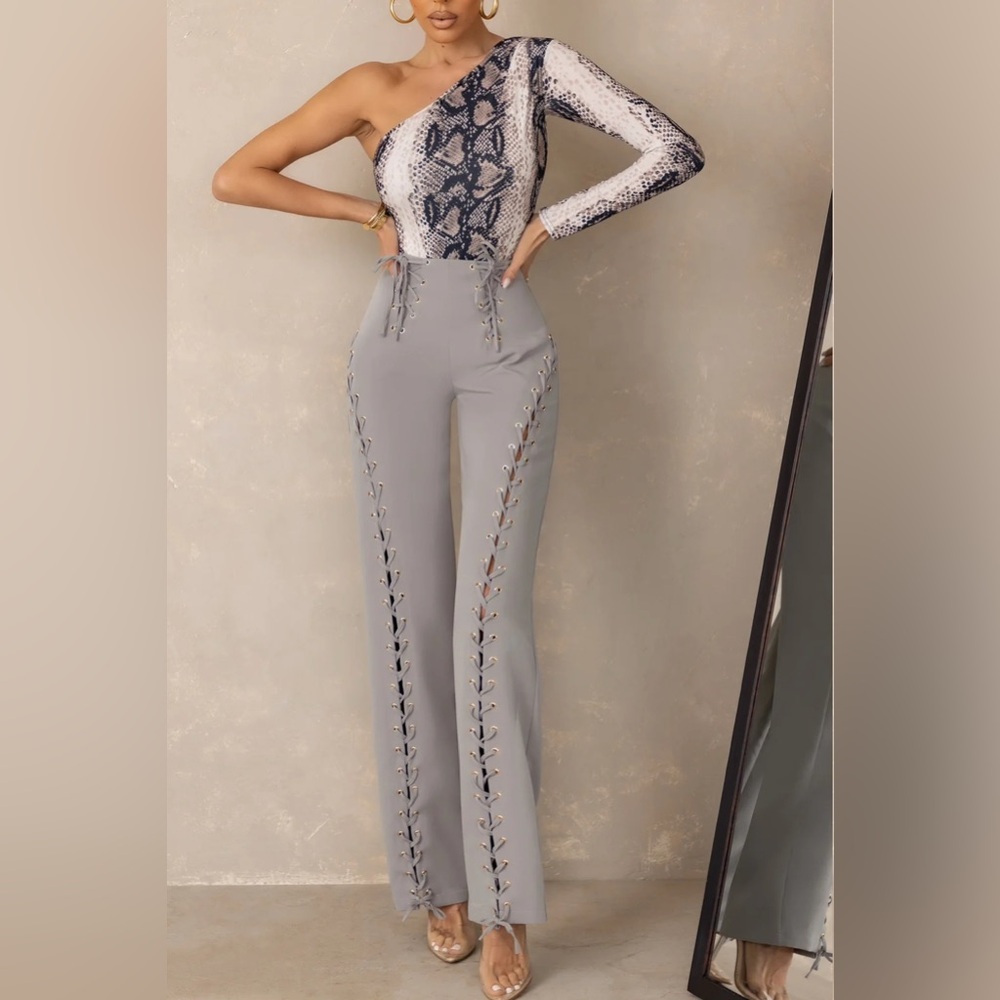 Club L London Worthy Grey Lace-Up Trousers in Crepe US 2